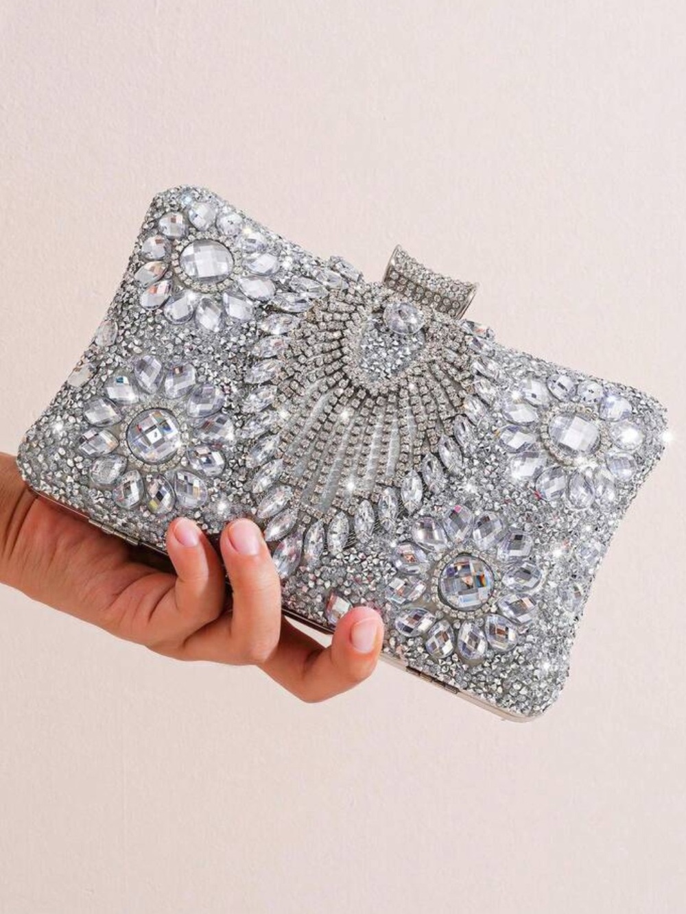 Silver Crystal Embellished Evening Clutch